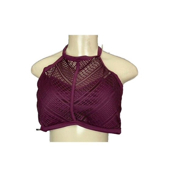 Swimsuits For All 14 Maroon Mesh Lined High Neck Open Dble Strap Back Swim Top - Picture 2 of 6